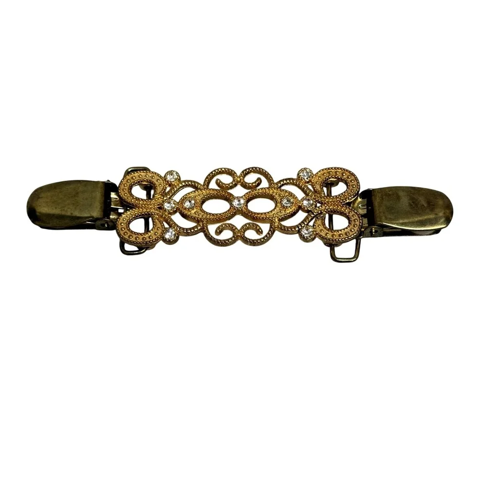 Rhinestone Sweater Clip Guard Gold Tone Filigree Costume Jewelry Shawl Pin